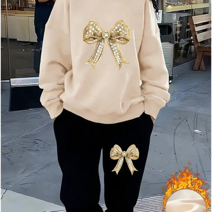 Women'S Sparkling Bow Print Sweatshirt and Pants Set - Casual Long Sleeve Pullover with Glittery Bow Design, Black and Gray, Perfect for Casual Attire, Casual Wear|Sparkling Bow Design|Stretchy Fabric