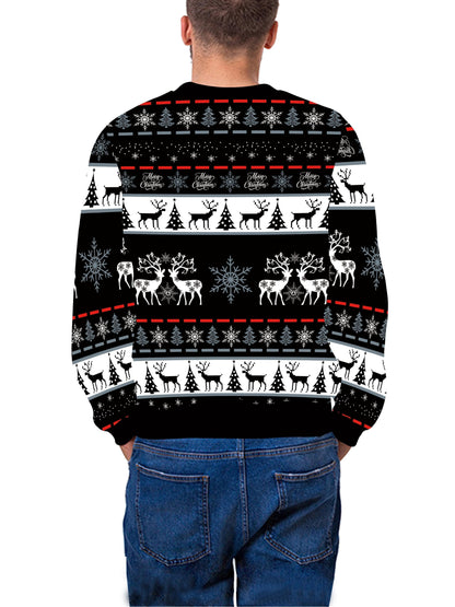Men's Nordic Winter Sweater - Scandinavian Print Sweater Jacket with Reindeer, Snowflake & Swedish Dala Horse Patterns - Soft Polyester Long Sleeve Coat for Christmas, New Year, Parties - Machine Washable Black/White/Red Swea