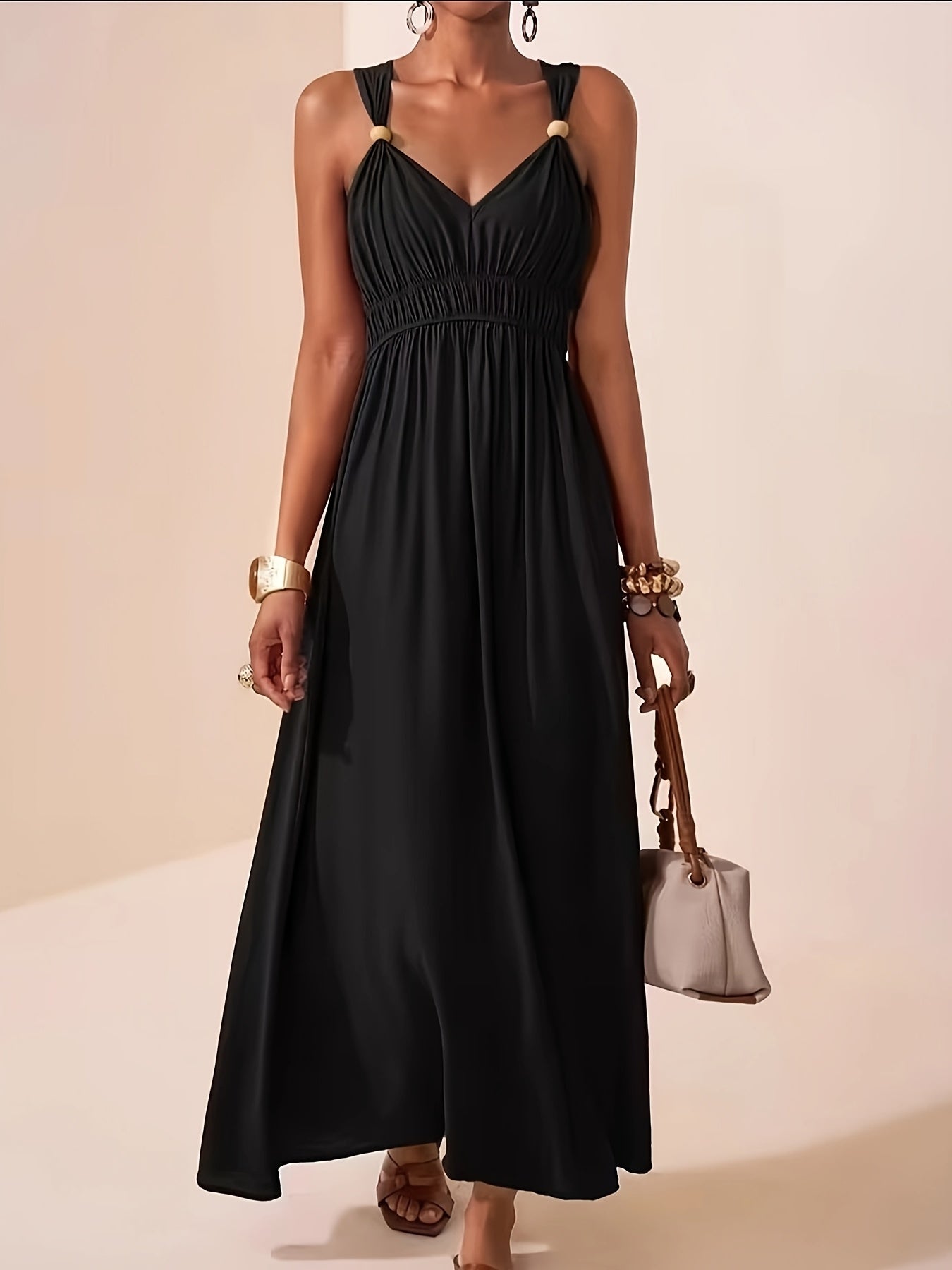 Elegant Summer V-Neck Beaded Sleeveless Waist-Cinching Dress