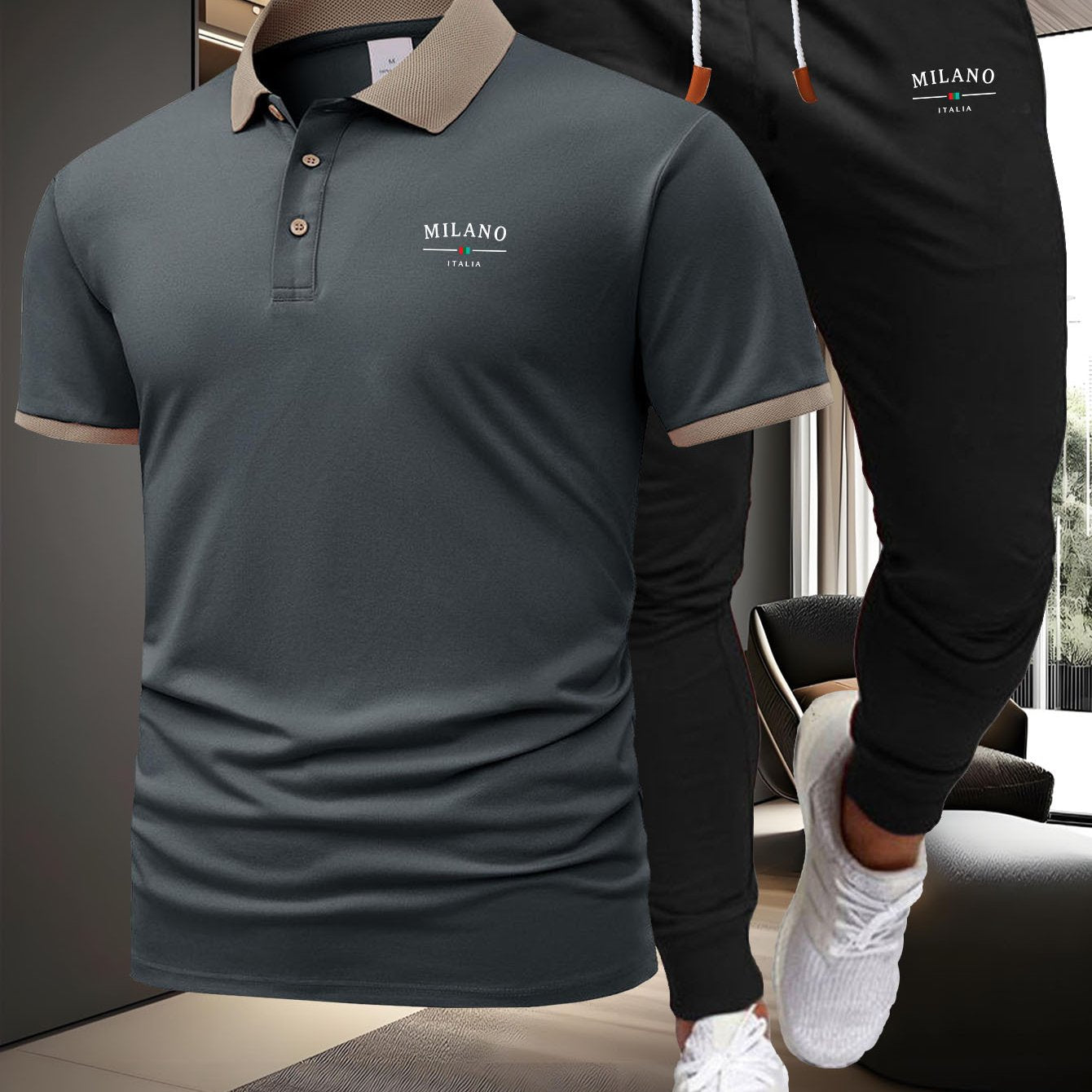 A Two-Piece Casual Sports Outfit Featuring a Short-Sleeved T-Shirt with a Logo And Waist-Cinching Pants, Ideal for Spring And Summer Wear. - ayq