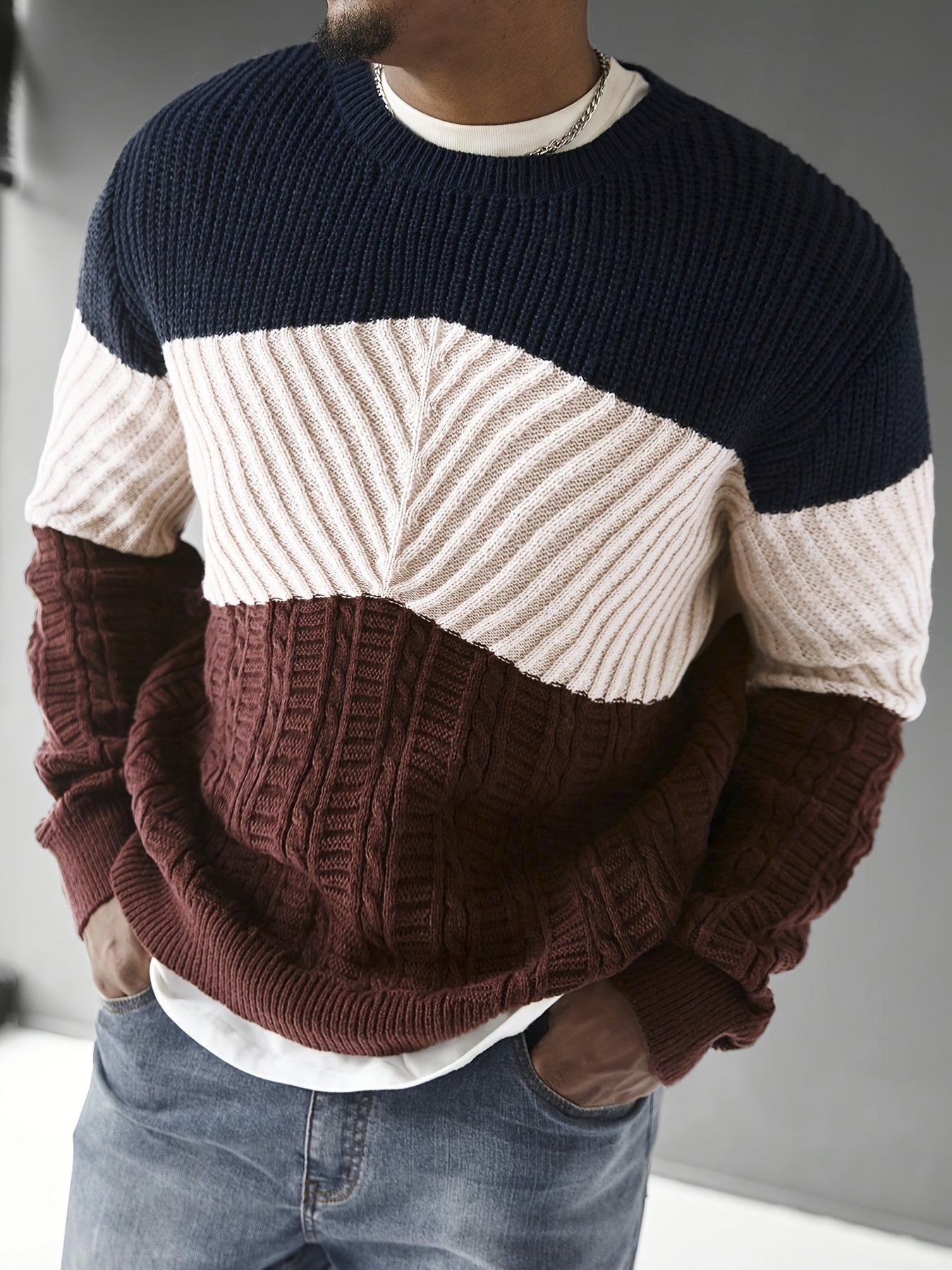 Men's Fashion Color-Block Striped Crew Neck Long Sleeve Casual Pullover, Trendy Elastic Warm Knitwear for Winter Outdoor Activities