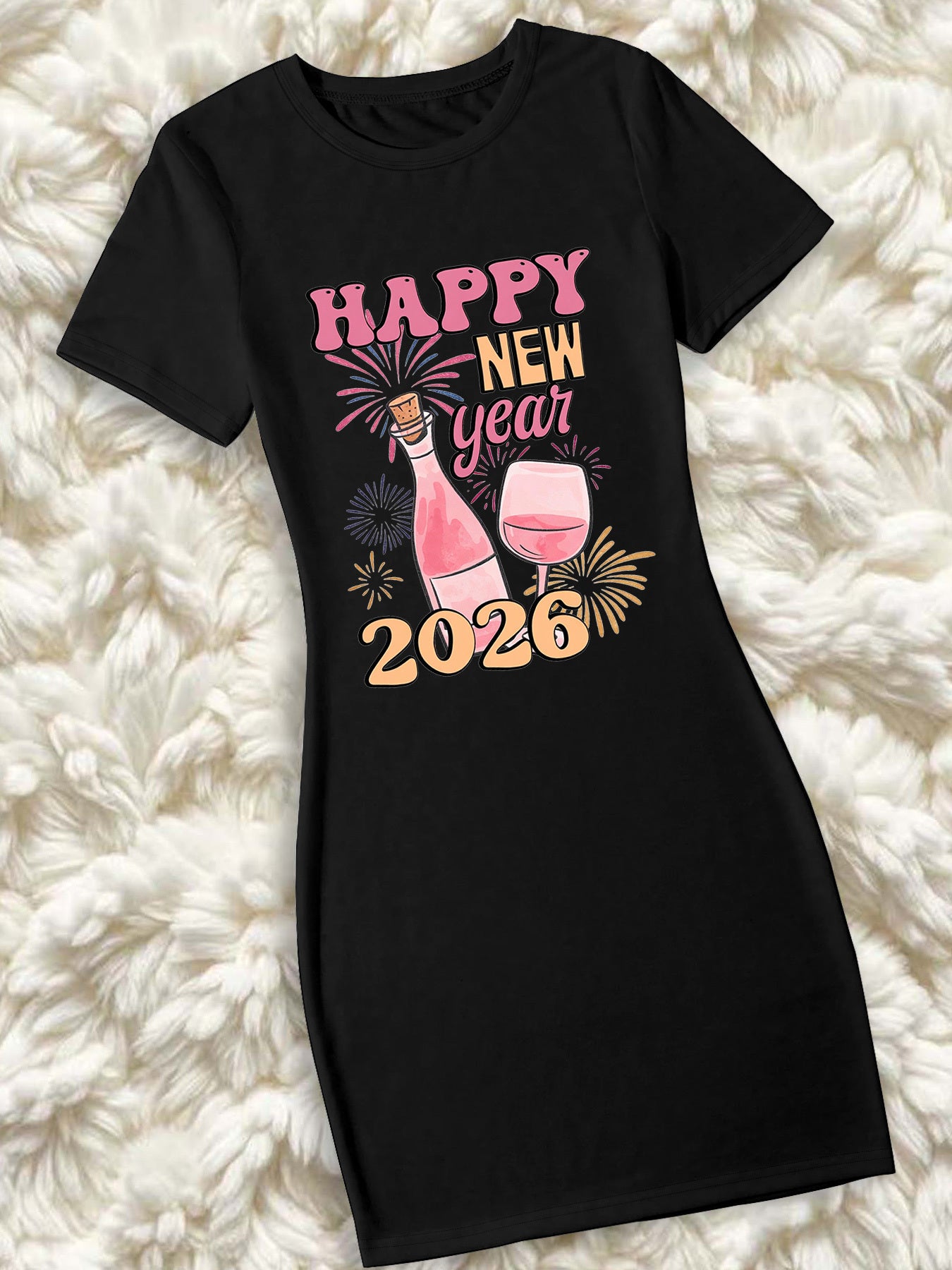 Women'S Elegant 2026 New Year Print Maxi Dress - Short Sleeve Round Neck Long Dress with Happy New Year 2026 Design, Vibrant Pink & Golden Sparklers & Confetti, Casual Party Outfit For Christmas, New Year'S Eve, Or Everyday W
