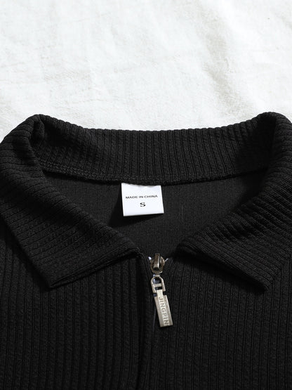 Men's Casual Long-Sleeve Ribbed Half-Zip Polo for Fall/Winter