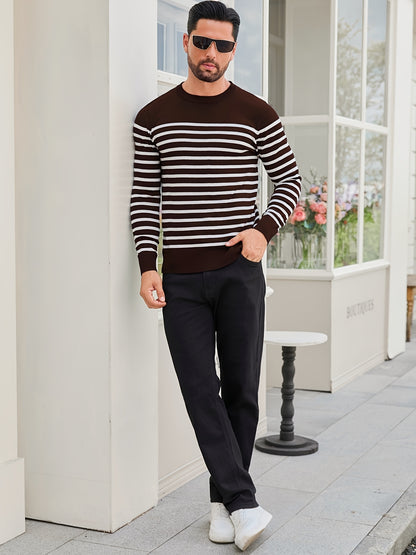 Գարնանային և աշնանային ամենօրյա երկգույն գծավոր տղամարդու սվիտեր-պուլովեր՝ գունավոր բլոկներով, կլոր վզնոցով, տղամարդու տրիկոտաժե վերնաշապիկ