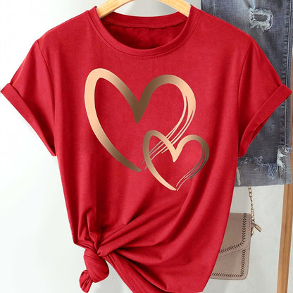 Chic Love Series Gradient Double Heart Graphic Tee for Women - Casual Retro Style, Round Neck Short Sleeve, Breathable Polyester, Machine Washable, in Black with Golden & White Hearts, Sizes S-XXL
