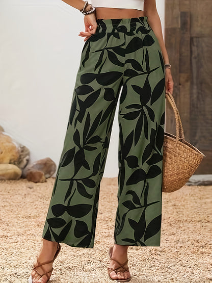 Women's Wide-Leg Tropical Leaf Print Trousers with Pockets