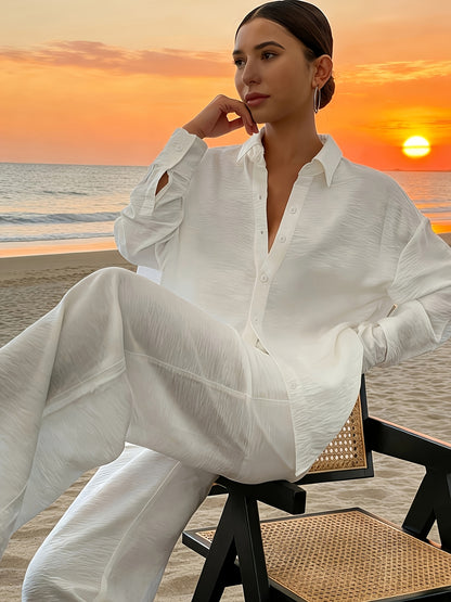 Elegant Solid Color Vacation Set: Loose Long-Sleeve Shirt & Wide-Leg P
