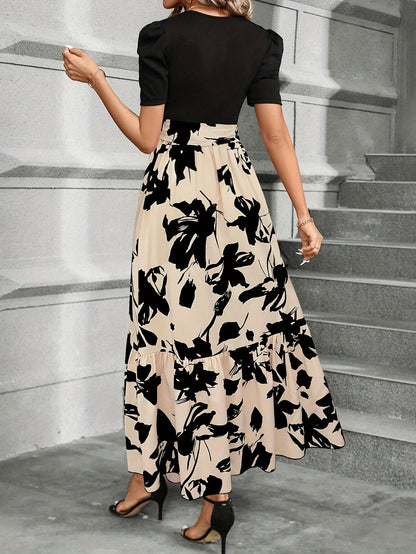 Print Midi Dress with Belt - Crew Neck, Short Sleeve, Non-Stretch Polyester - Machine Washable - Perfect for All Seasons