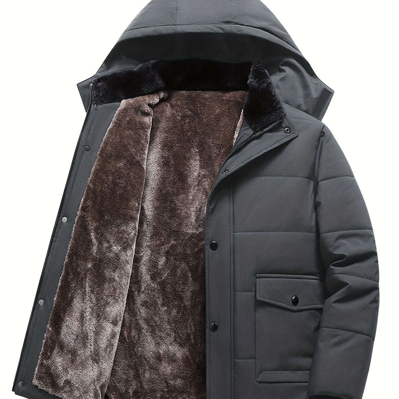 Men's Heavy-Duty Winter Hooded Jacket with Fur-Like Collar & Pockets - Navy Blue/Brown Coat, Golden-Tone Zipper Closure, -Filled Casual Outerwear for Cold Weather (Hand Wash/Dry Clean)