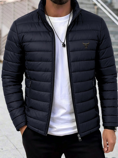 Men's Stand Collar Padded Jacket with Bull Head Print for Fall