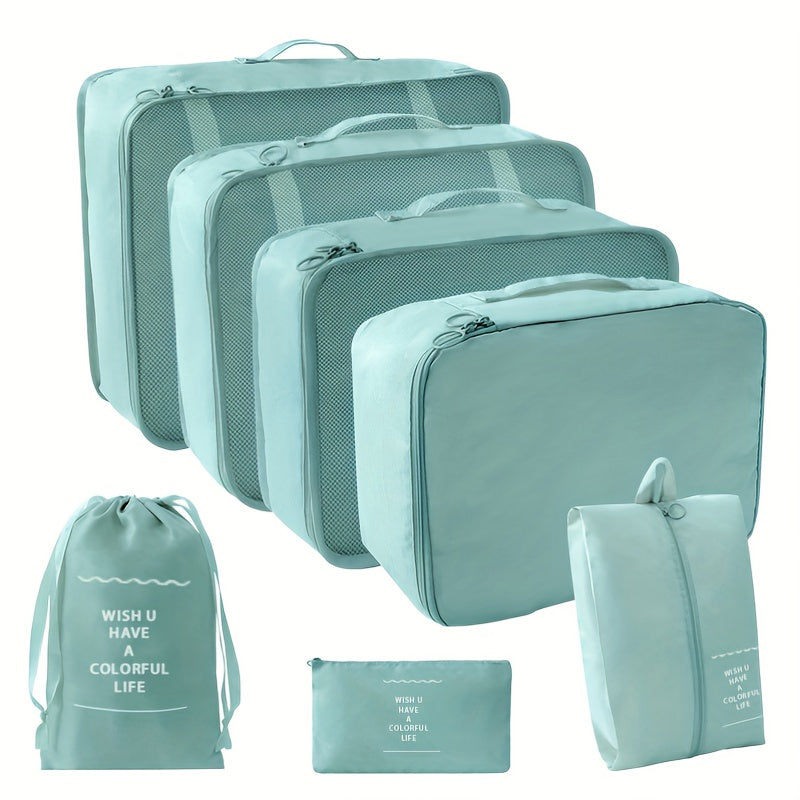 7pcs Pink Travel Organizer Set - Durable Polyester Packing Cubes with Inspirational Quotes, Includes Clothes, Underwear, Shoe, Cosmetic & Toiletry Bags for Efficient & Stylish Storage