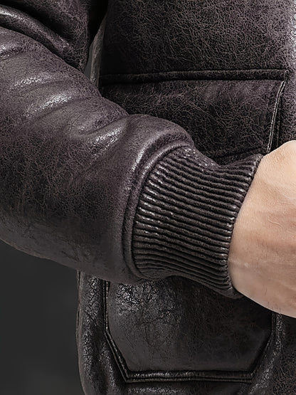 Men'S Faux Fur Lined Biker Jacket, Casual Long Sleeve Applique Air Force Style, Polyester 100% Knit Fabric, Solid Color Lapel Collar, Zipper Closure, Regular Fit for Daily & Golf Occasions - Fall/Winter Collection