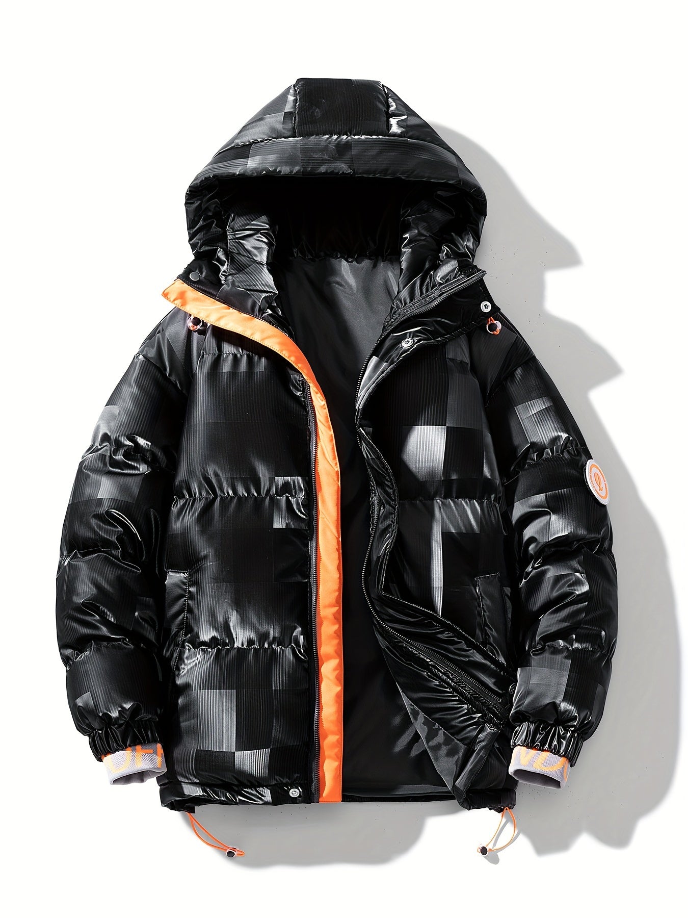 Men's Checkered Graphic Print Padded Outwear With Pockets, Casual Zip Up Long Sleeve Warm Hooded Outwear For Winter Outdoor Activities