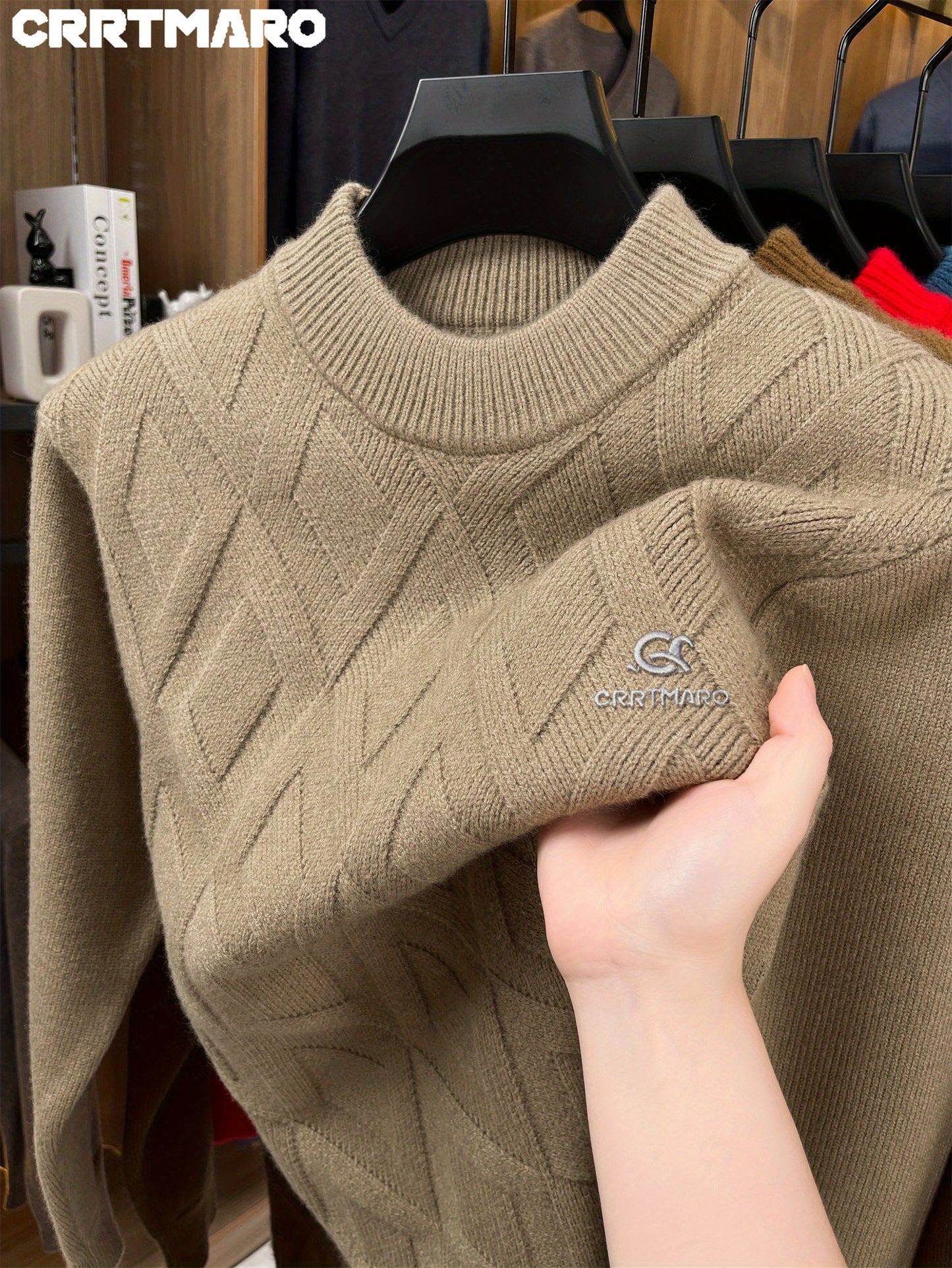 KATMARO ասեղնագործված սվիտեր տղամարդկանց համար, կլոր վզնոցով, տաք աշնանային և ձմռան համար, խիտ բրդյա, կիսաբարձր օձիքով հիմք, Shengyida-ի առօրյա տղամարդու հագուստ