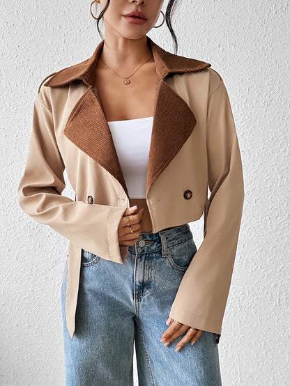Women'S Casual Double-Breasted Trench Coat - Loose Fit, Long Sleeve, Beige & Brown Patchwork Design, Button-Up Front, Lightweight Fabric for Spring/Fall, Spring Outerwear | Relaxed Fit Coat | Structured Design