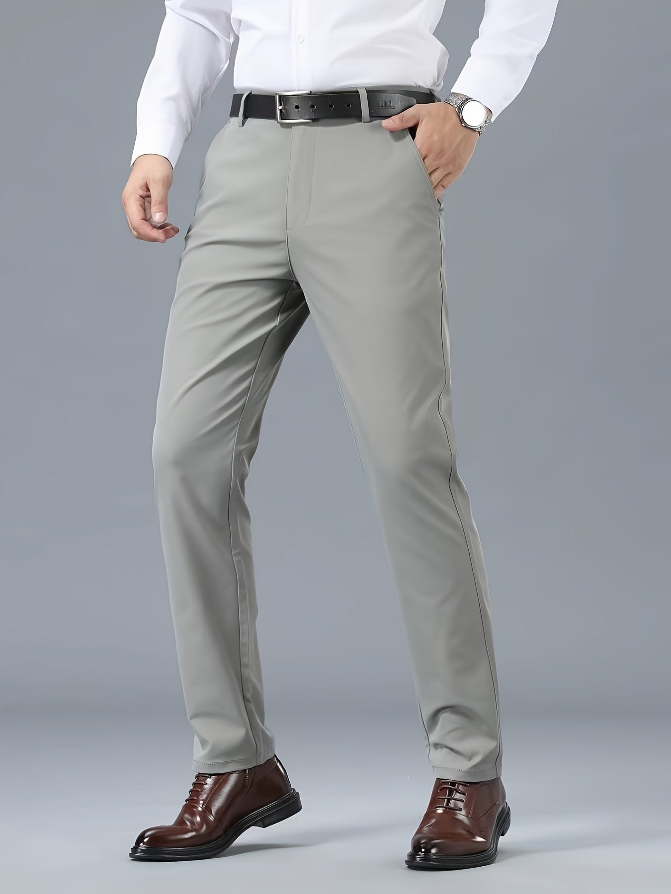 Men's Classic Business Casual Pants - Polyester, Solid Color, Regular Fit for All Seasons