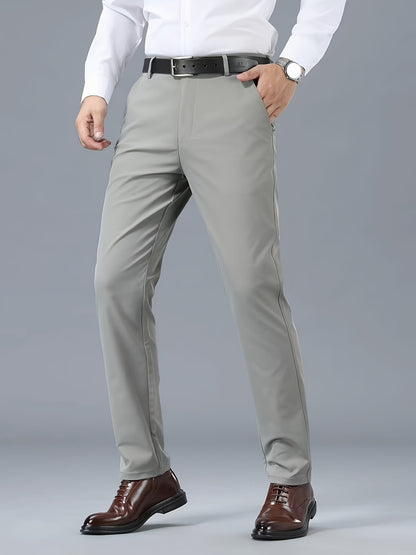 Men's Classic Business Casual Pants - Polyester, Solid Color, Regular Fit for All Seasons