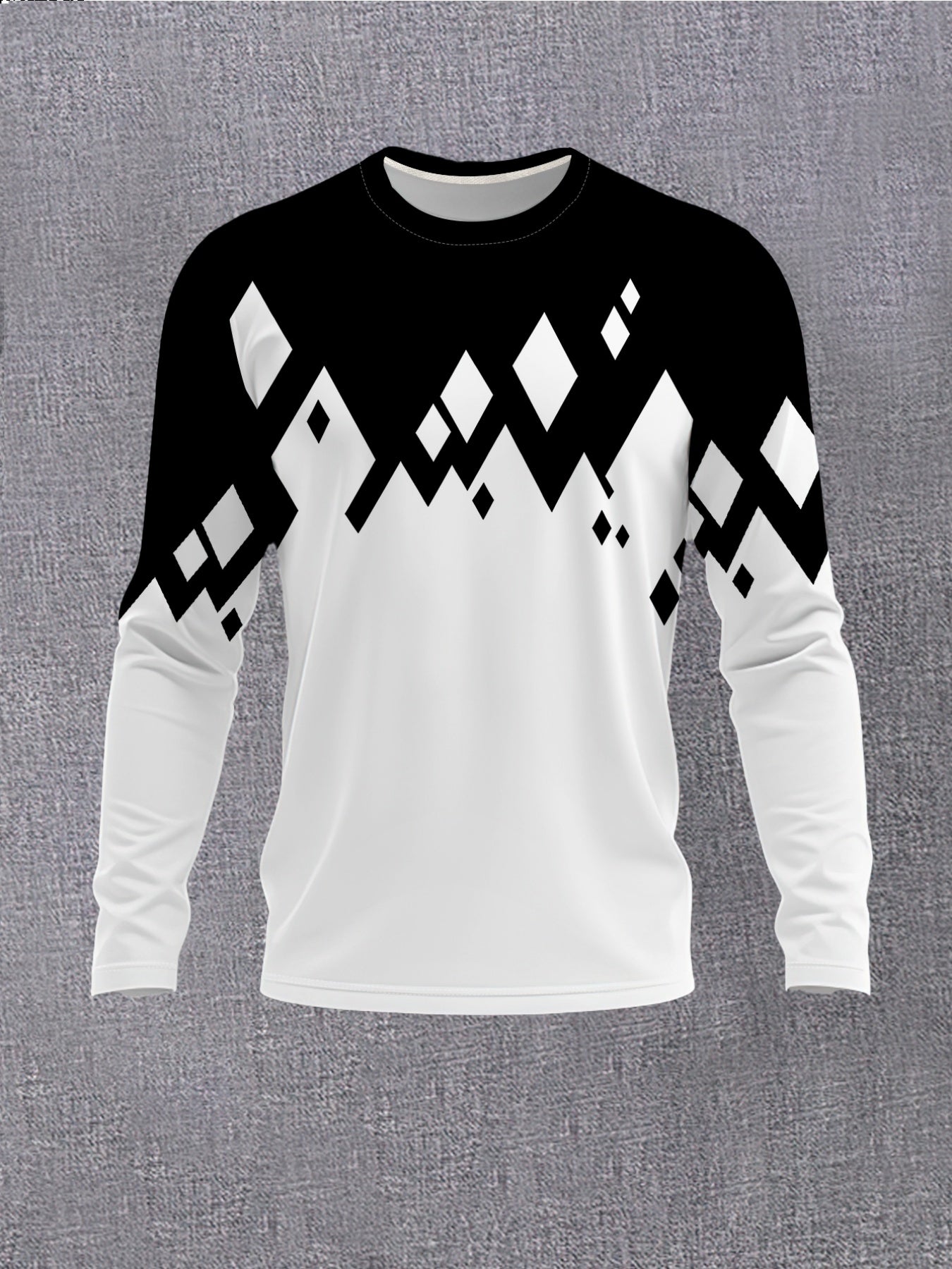 Men's Black & White Contrast Round Neck Long Sleeve T-Shirt - Casual Versatile Base Layer Top with Subtle Crossover Print, Machine Washable, Regular Fit for -Casual & Semi-Formal Wear