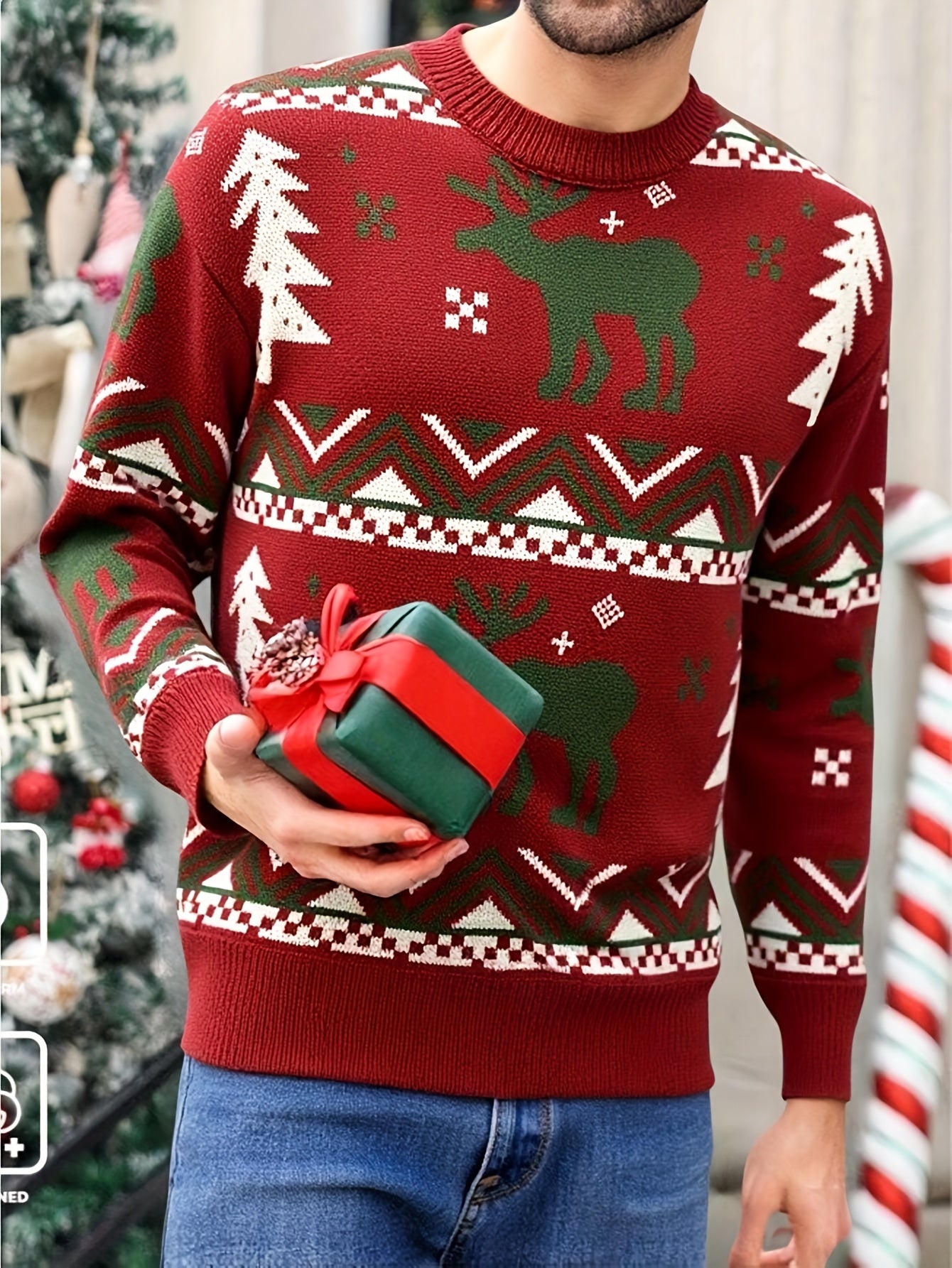 Men'S Winter Sweater - Christmas Deer & Snowflake Sweater with Red & Green Holiday Colors, Loose Fit Casual Knitwear, Drop Shoulder Long Sleeve Pullover, Soft Warm Winter Sweater for Christmas, Knit, Sweater For Men, Men Clot