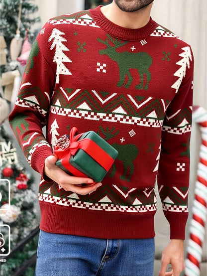 Men'S Winter Sweater - Christmas Deer & Snowflake Sweater with Red & Green Holiday Colors, Loose Fit Casual Knitwear, Drop Shoulder Long Sleeve Pullover, Soft Warm Winter Sweater for Christmas, Knit, Sweater For Men, Men Clot
