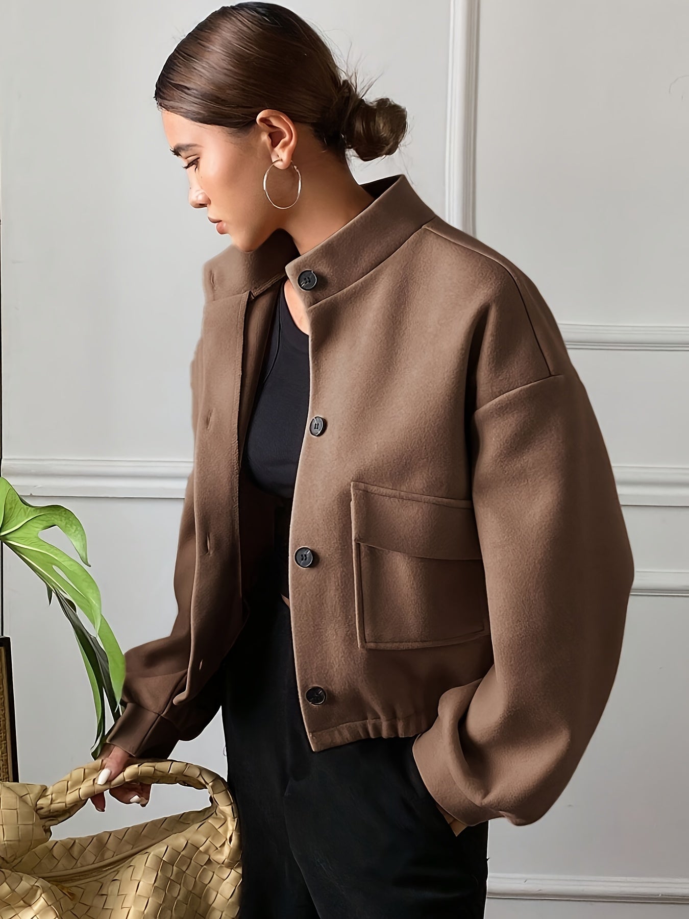 Women'S Elegant Brown Fleece Jacket - Winter Coat with Single-Breasted Button Front, Long Sleeve Tunic Length, Machine Washable & Wrinkle-Resistant, Cozy Outerwear For Fall/winter, Casual To Formal Events, Winter Jacket For W