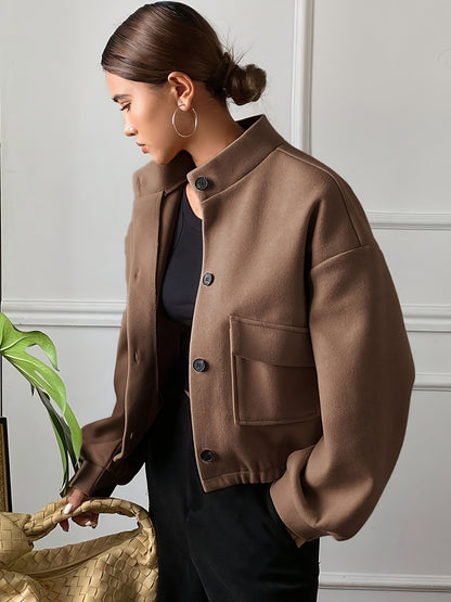 Women'S Elegant Brown Fleece Jacket - Winter Coat with Single-Breasted Button Front, Long Sleeve Tunic Length, Machine Washable & Wrinkle-Resistant, Cozy Outerwear For Fall/winter, Casual To Formal Events, Winter Jacket For W