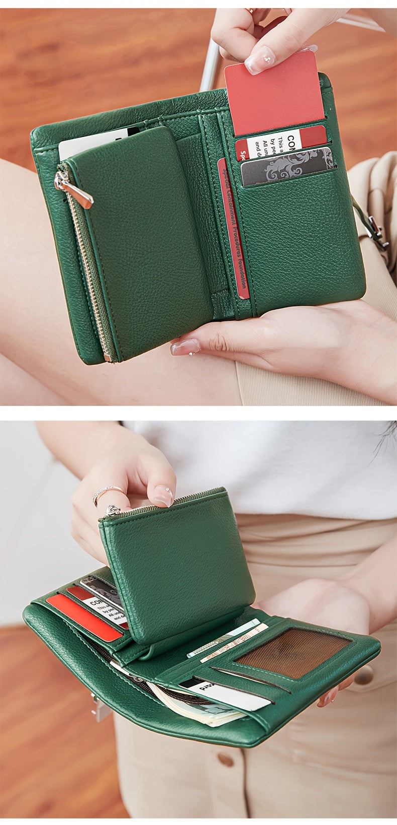 A Compact Trifold Wallet Made of Soft PU in a Solid Color, Featuring Metal Accents. It Includes a Zippered Coin Pocket, Card Slots, And an ID Window, Suitable for Credit Cards, ID Cards, Cash, And Coins. This Modern, Lightwei