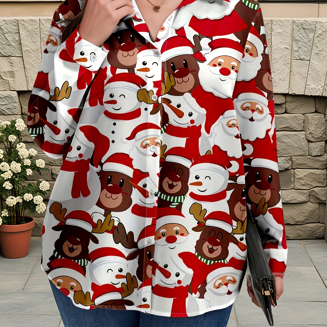 Plus Size, Women's Plus Size Winter Deer & Moose Print Blouse - Long Sleeve Christmas Party Shirt with Collar & Button Front, Red & Black Nordic Winter Pattern, Machine Washable Elegant Casual Holiday Outfits for Christmas &