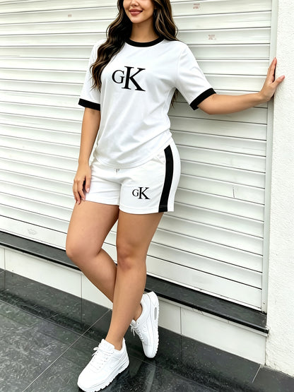 Casual Summer Two-Piece Set with Logo Print, Breathable Polyester