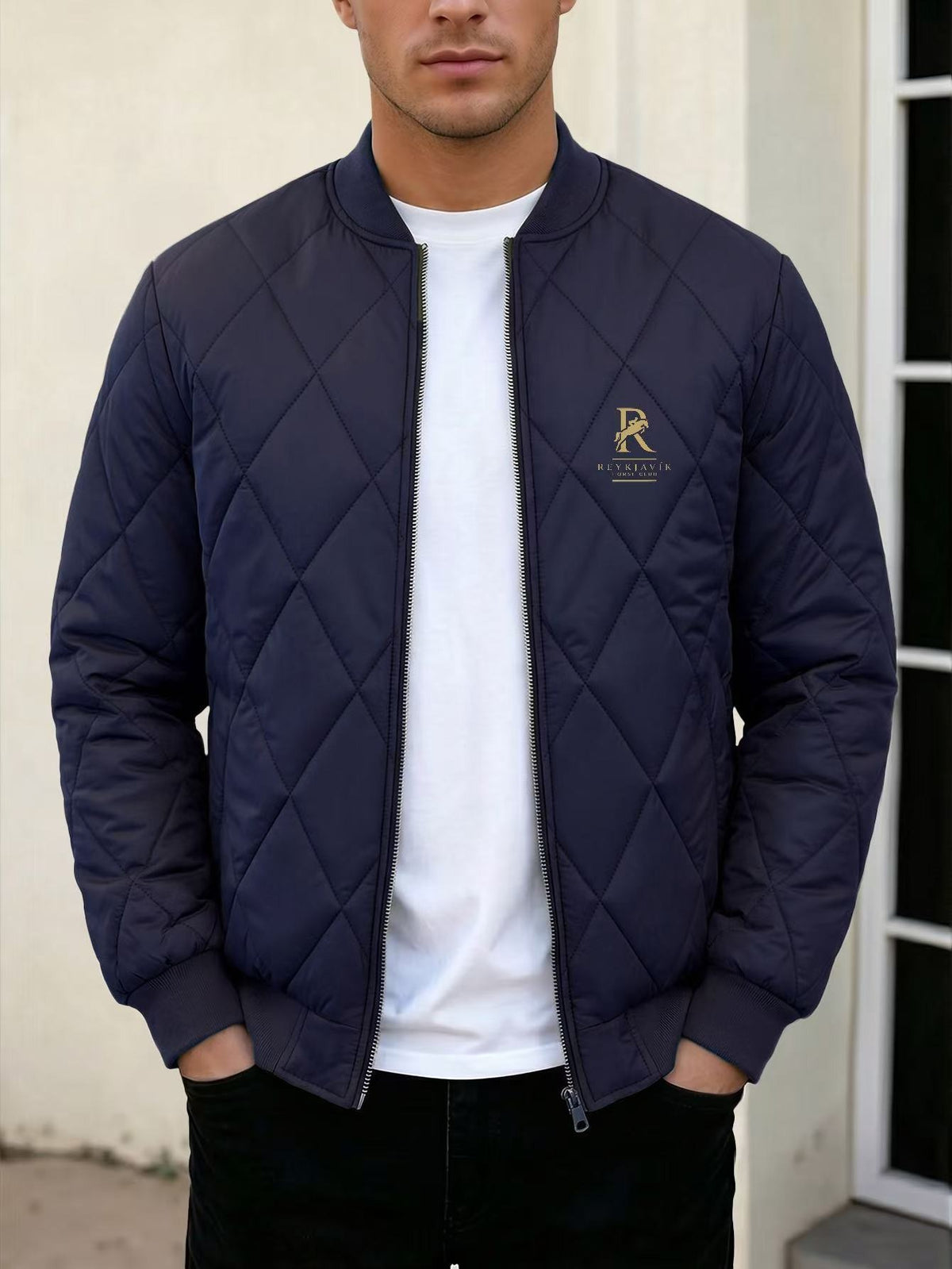 Men's Black Quilted Casual Jacket with Stylish Letter Print