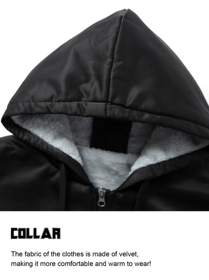 Color Block Sherpa Lined Men's Hooded Jacket, Casual Long Sleeve Hoodies With Zipper, Gym Sports Hooded Coat For Winter Fall
