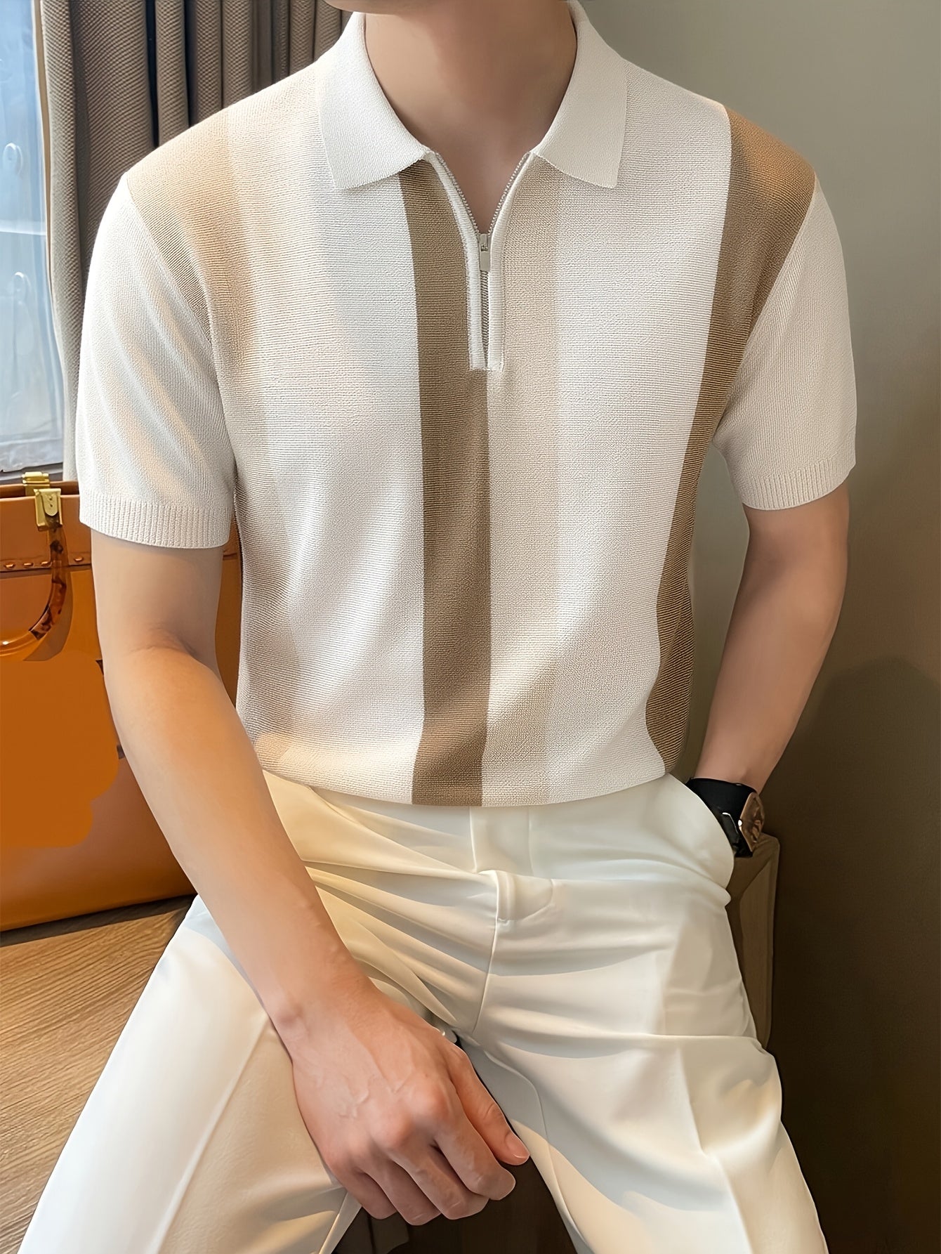 Men's Summer Short-Sleeve Polo Shirt with Zipper Lapel