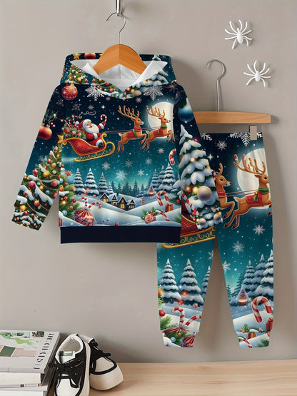 2pcs Boys' Christmas Outfit Set with Snowman & Gingerbread for Man Print Hooded Sweatsuit & Snowflake Pants - Cozy Winter Clothes for to 5 Years, Machine Washable Soft Fabric, Ideal Christmas Gift for Boys (Winter Party & Cas