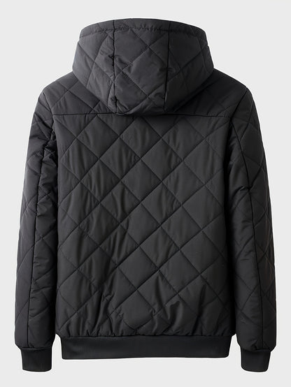 Men's Casual Fleece-Lined Hoodie Jacket - Warm, Windproof Zip-Up Coat with Quilted Design for Fall/Winter, Winter Coat