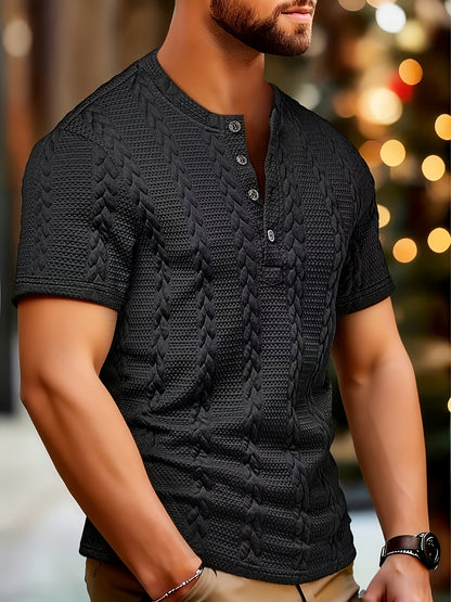 Men'S Fashion Knitted Shirt | Casual Crew Neck, Half Placket, Button Details, Short Sleeves, Solid Color with Slight Stretch Fabric - CLQWE - ayq