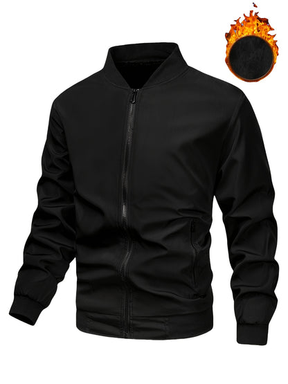 Men's Thermal Bomber Jacket - Heavyweight Winter Coat with Zippered Pocket, Casual Black Jacket, Polyester Outerwear for Men, Ideal for Aviation & Everyday Use, Casual Jacket For Men, Lightweight Jacket For Men, Winter Clothe