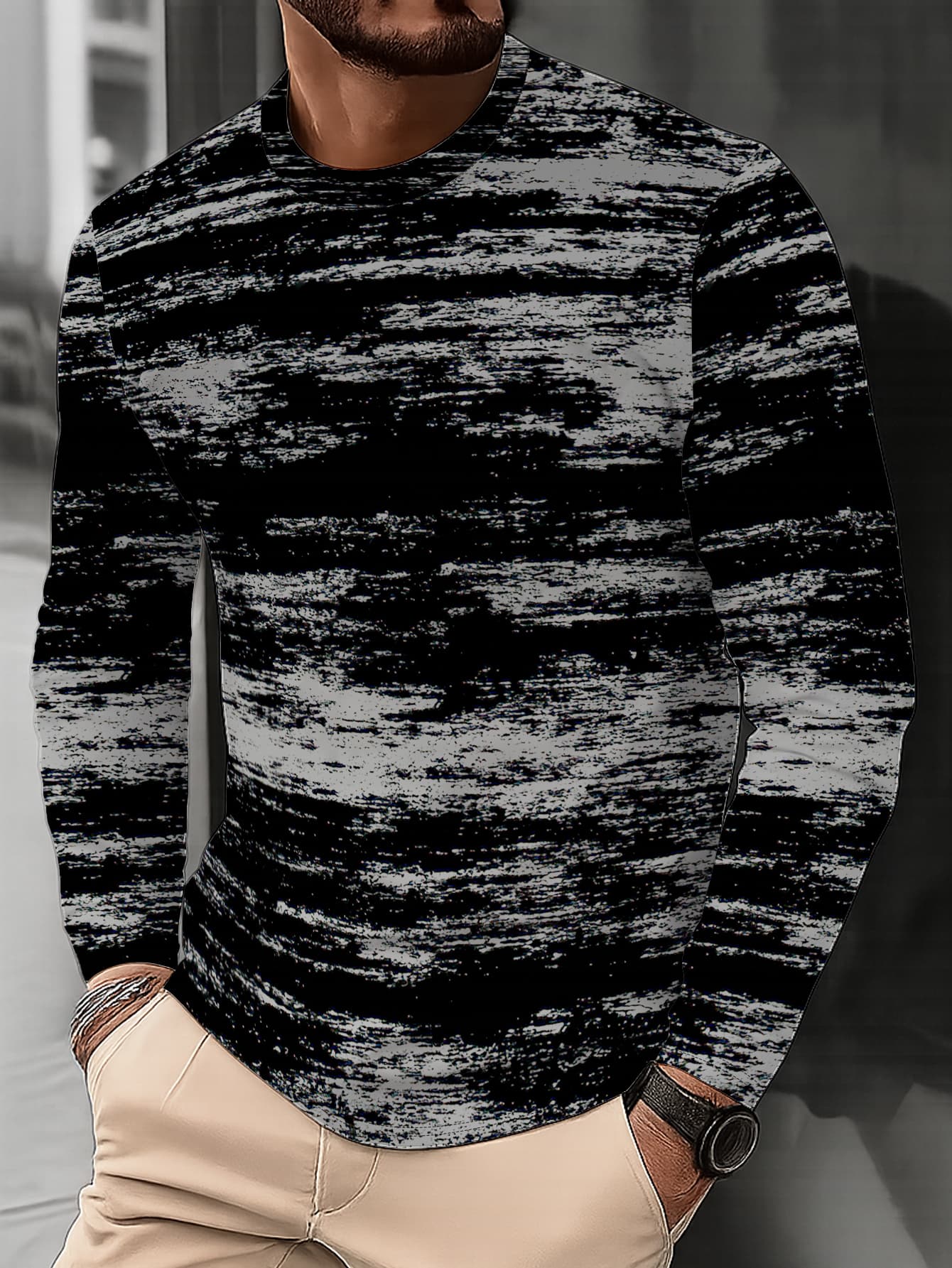 Տղամարդկանց նորաձև, կլոր վզնոցով երկար թևքերով վերնաշապիկ՝ անհատականությամբ, աբստրակտ, հյուսվածքային նախշերով, առօրյա, բազմակողմանի, նորաձև, փողոցային ոճի, երիտասարդական, հիմնական շերտով վերնաշապիկ