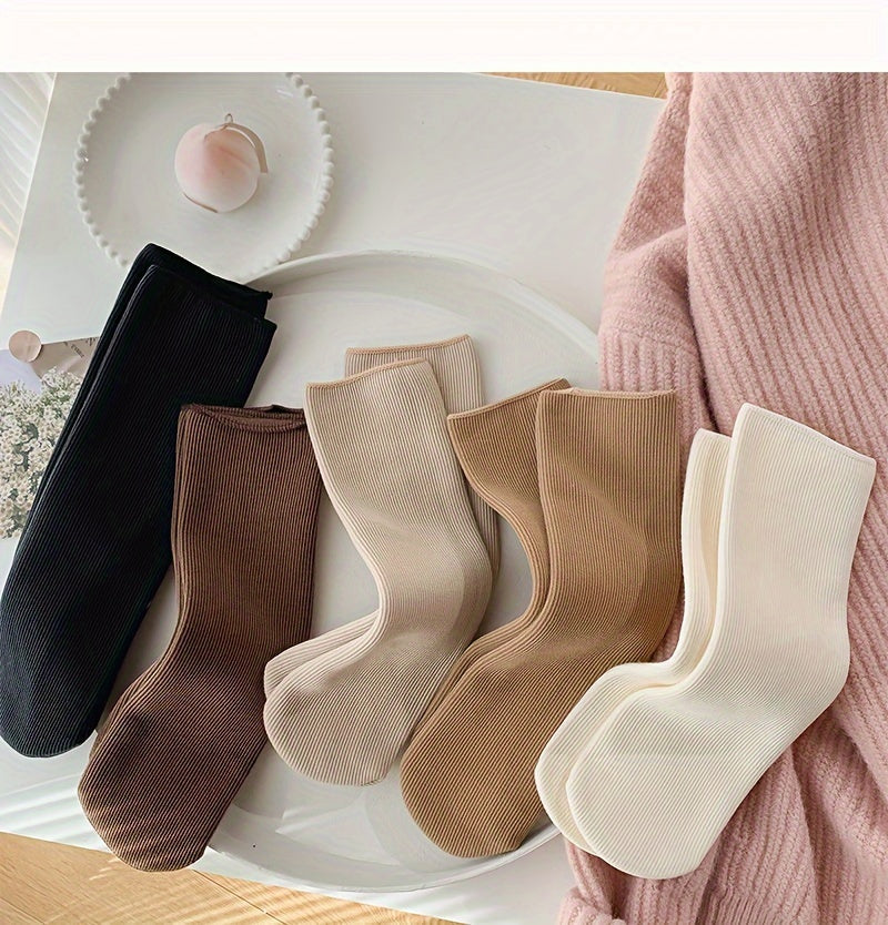 5 Pairs Women'S Knee-Length Thermal Fleece-Lined Socks, Solid Color, Polyester Knit Fabric, 100% Polyester, with Hand Washable