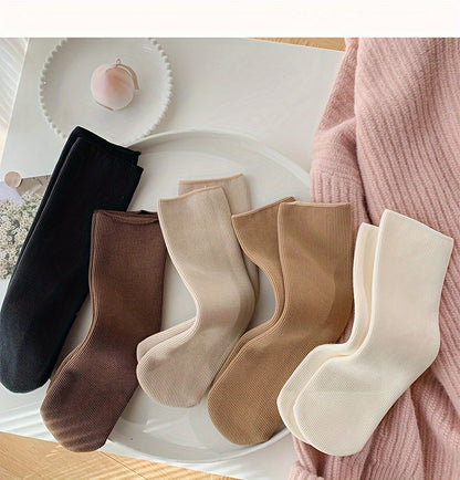 5 Pairs Women'S Knee-Length Thermal Fleece-Lined Socks, Solid Color, Polyester Knit Fabric, 100% Polyester, with Hand Washable