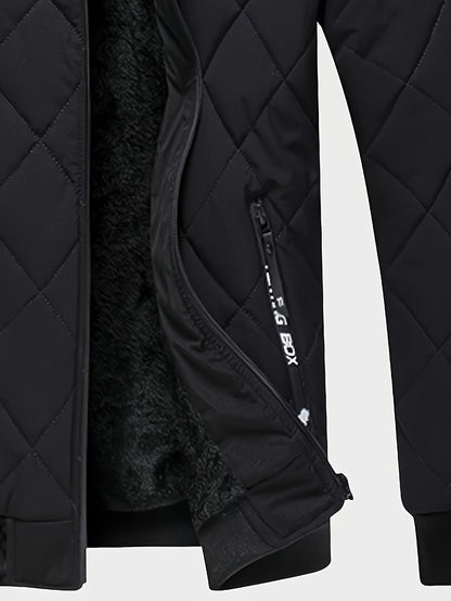 Men's Casual Fleece-Lined Hoodie Jacket - Warm, Windproof Zip-Up Coat with Quilted Design for Fall/Winter, Winter Coat