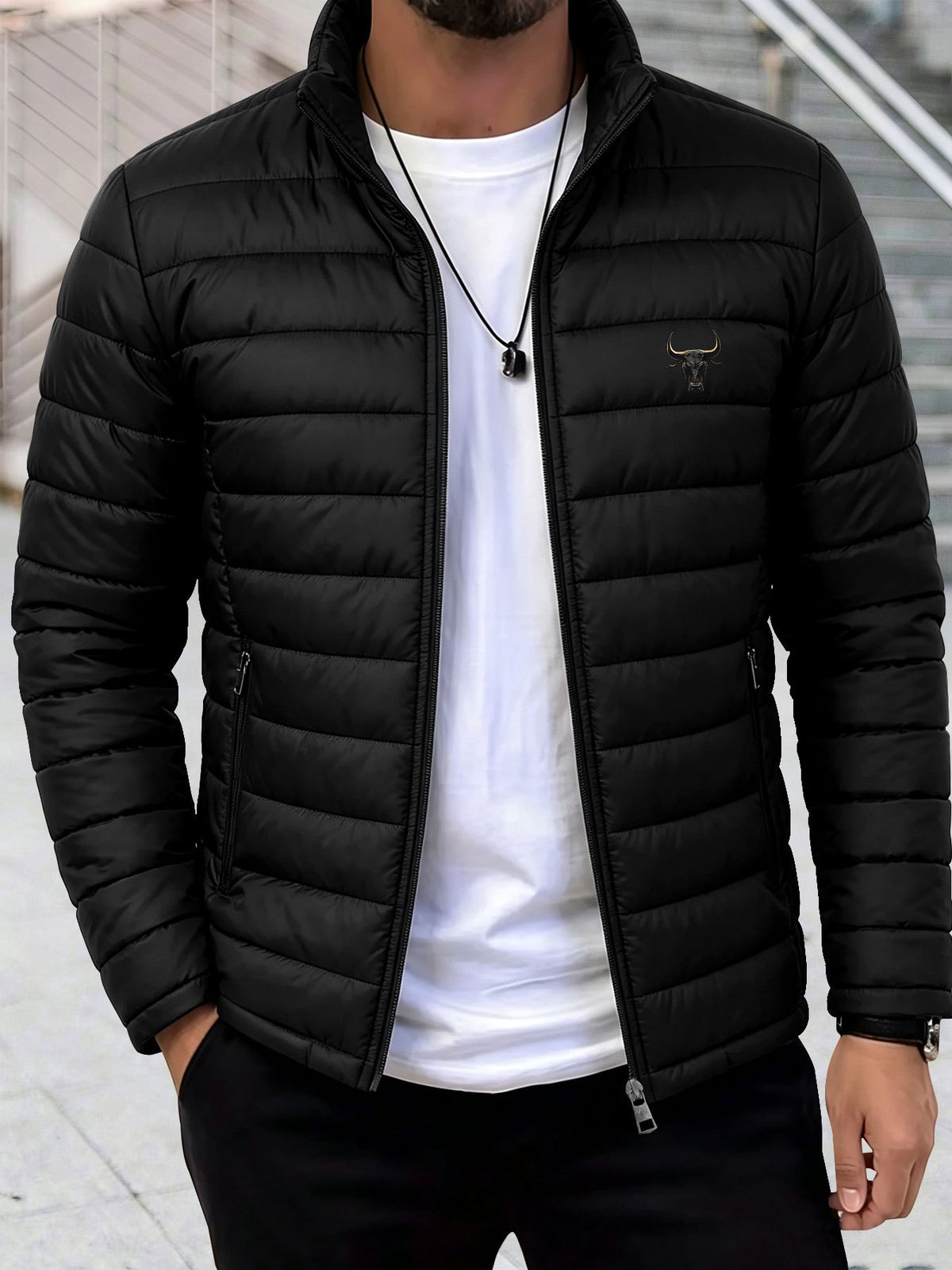 Men's Stand Collar Padded Jacket with Bull Head Print for Fall