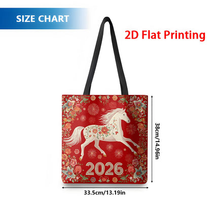 1pc Women's Year of the Horse 2026 Lunar New Year Tote Bag - Large Capacity Foldable Red & Golden Chinese Zodiac Horse Print, Durable Handbag for Shopping, Travel, Daily Use, Gift for 2026 Birth Year Celebration, 2D Flat
