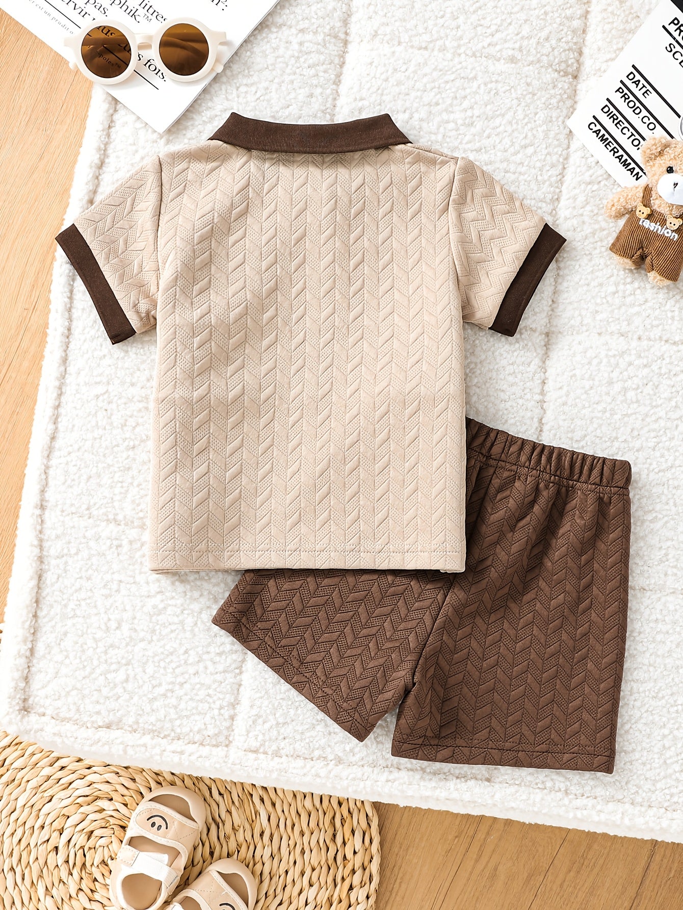 Boys' Summer Casual Polo Shirt and Shorts Set, Striped Knit Fabric