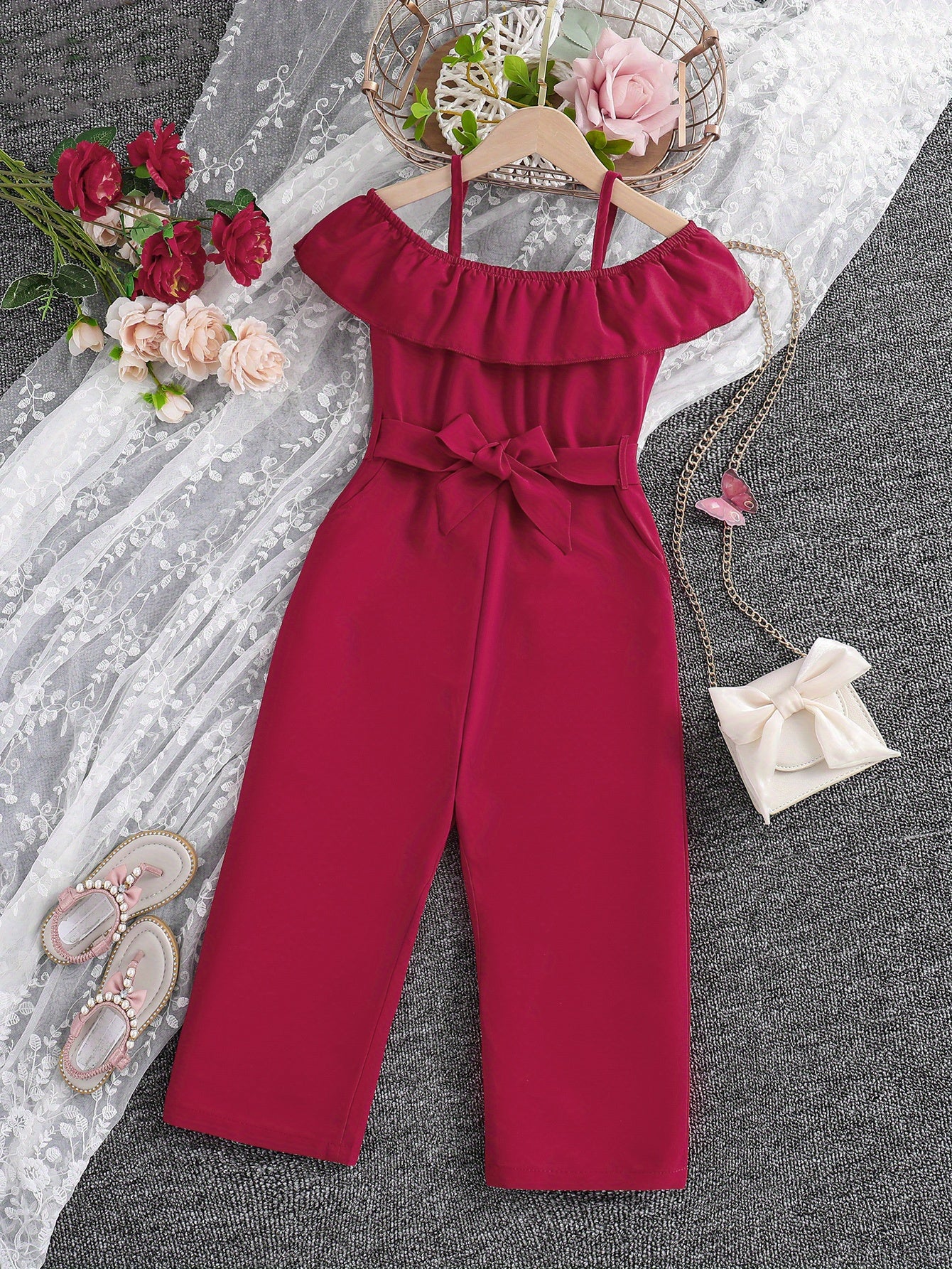 Girls Ruffle Cami Romper Belt Off Shoulder Նրբագեղ ամառային գարուն աշուն մանկական հագուստ