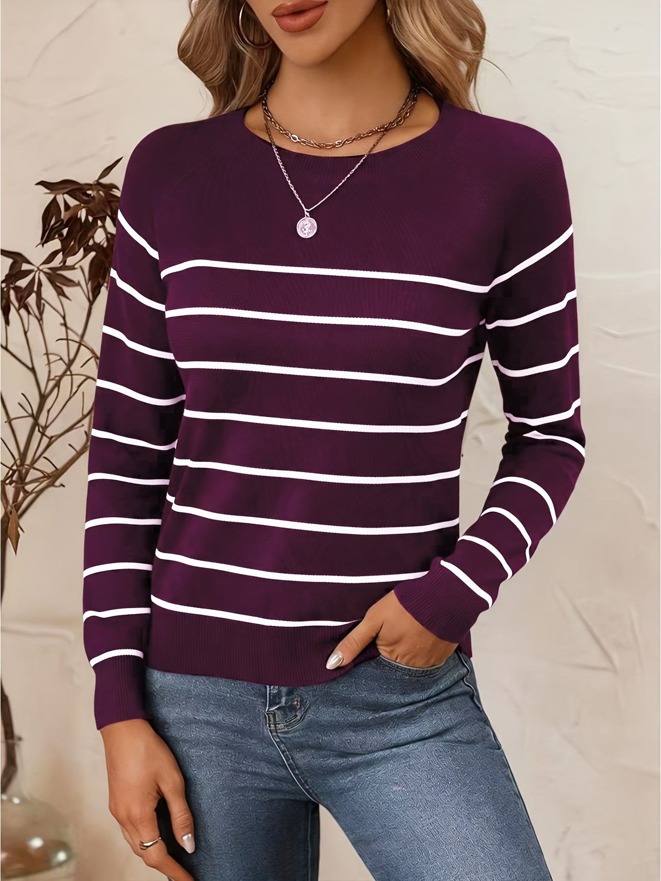 Women's Casual Striped Round Neck Pullover Sweater