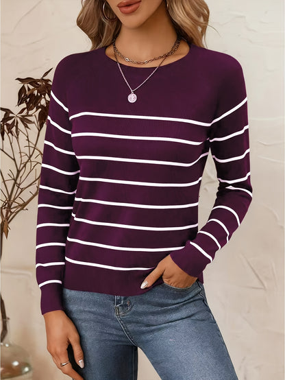Women's Casual Striped Round Neck Pullover Sweater