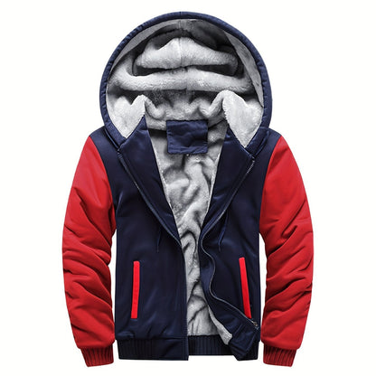 Color Block Sherpa Lined Men's Hooded Jacket, Casual Long Sleeve Hoodies With Zipper, Gym Sports Hooded Coat For Winter Fall