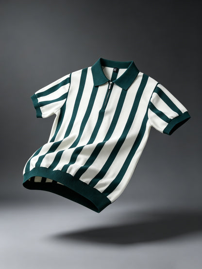 Men's Slim Fit Vertical Stripe Knit Polo with Half-Zip Collar