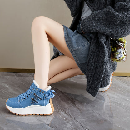 Women'S Winter Boots with Plush Lining - Thickened Warm Snow Boots, Lace-Up Closure, Non-Slip PVC Sole - Elegant Cold Weather Shoes for Everyday & Formal Outfits - Easy-Clean Fabric Upper - Available in Blue, Black, Brown, Re