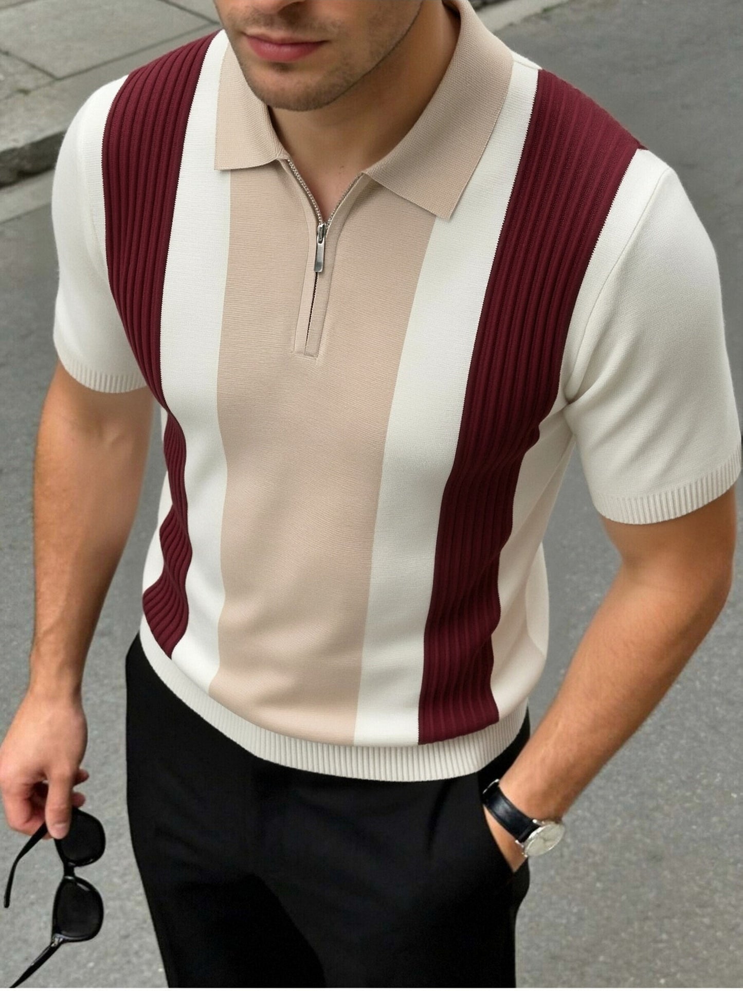 Men's Striped Knit Polo Shirt with Half-Zip for Summer Workwear